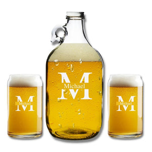 Personalized Clear Beer Growler and Beer Can Glass Set