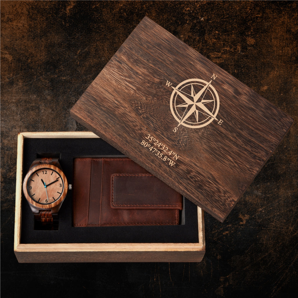 Compass Box Gift Pack Wooden Gift Box Set - Compass Rose & Coordinates – Grain+Oak