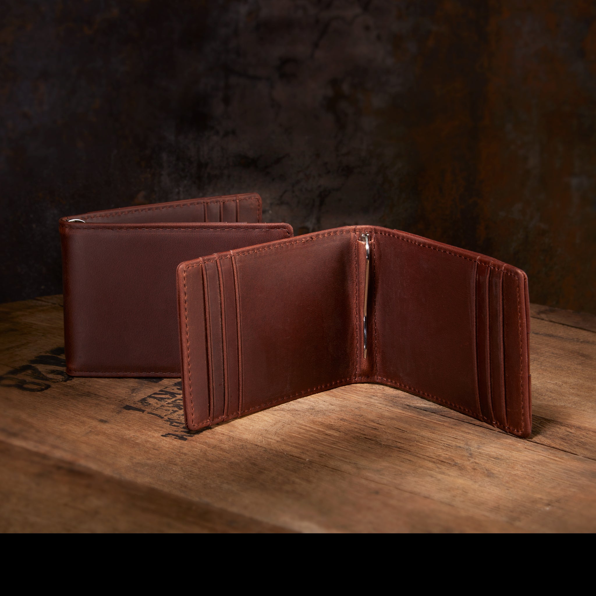 WALLET Slim Leather Wallet With Metal Money Clip - Dark Brown