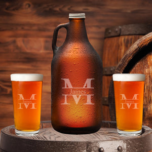 Personalized Amber Beer Growler and Pint Glass Set