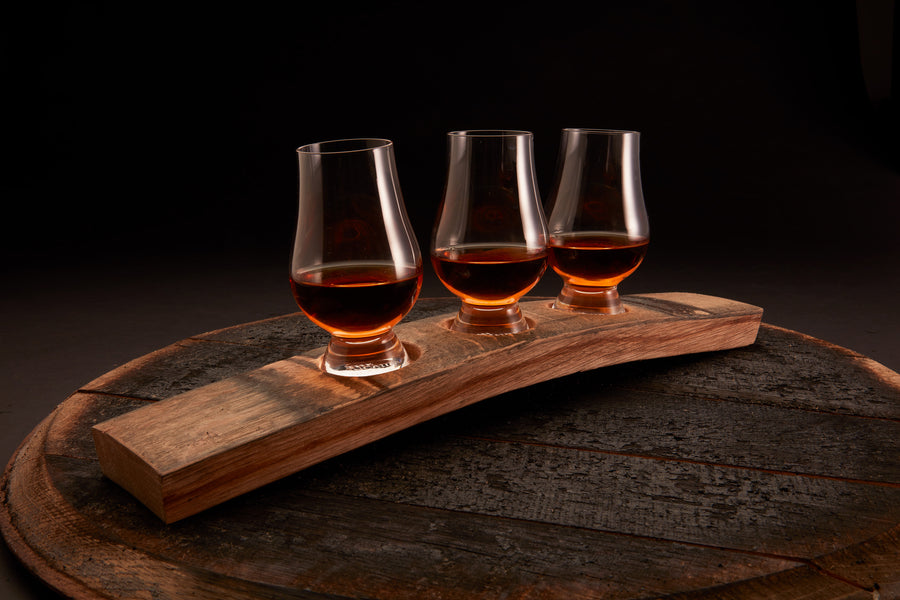 Whiskey Barrel Flight Board + 3 Optional Glencairn Glasses
