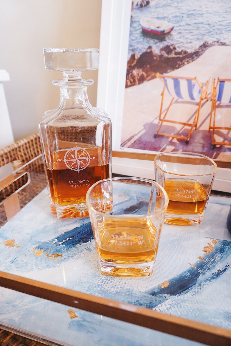 Personalized Whiskey Decanter Set - Ornate Whiskey Decanter Set Grain and Oak