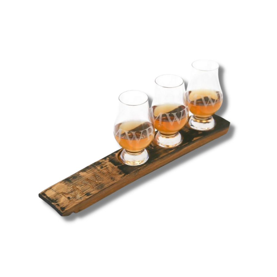 Whiskey Barrel Flight Board + 3 Optional Glencairn Glasses