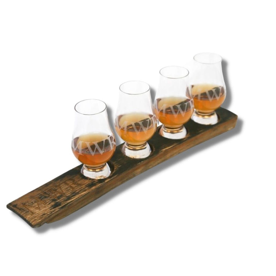 Whiskey Barrel Flight Board + 4 Optional Glencairn Glasses